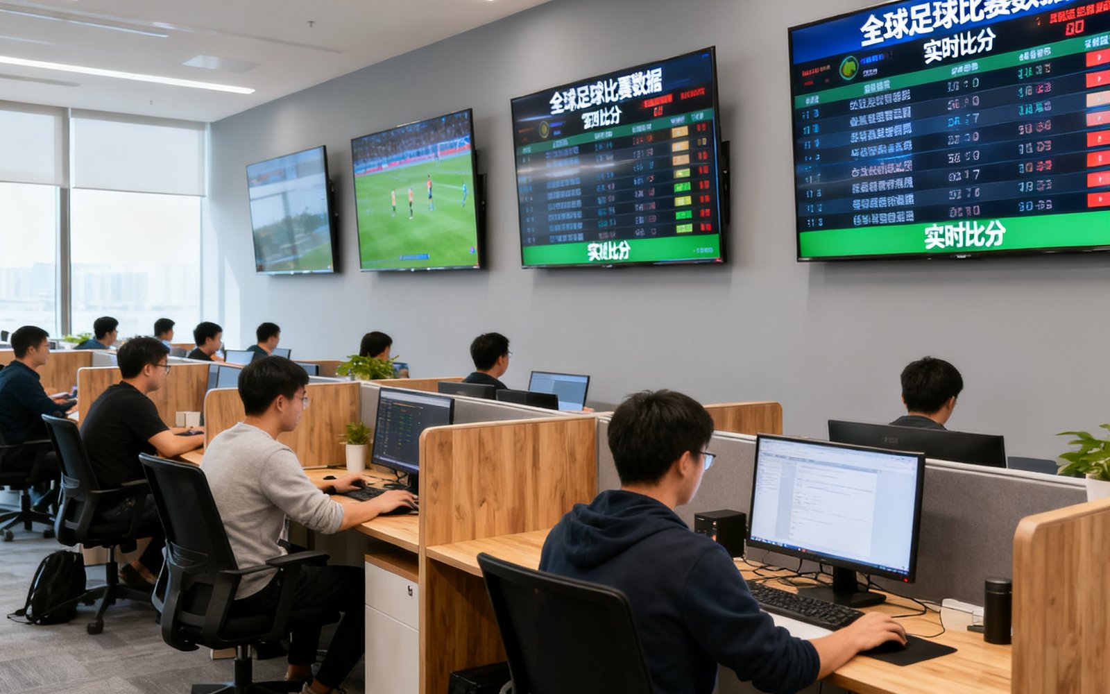 球探足球比分总部开放式办公室内景，数十名员工在工位前工作，墙面上多块大屏幕实时滚动显示全球足球比赛数据和比分